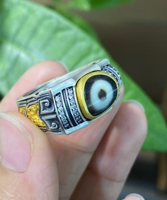 Tibetan Bronze Kui Dragon Dzi Silver Ring