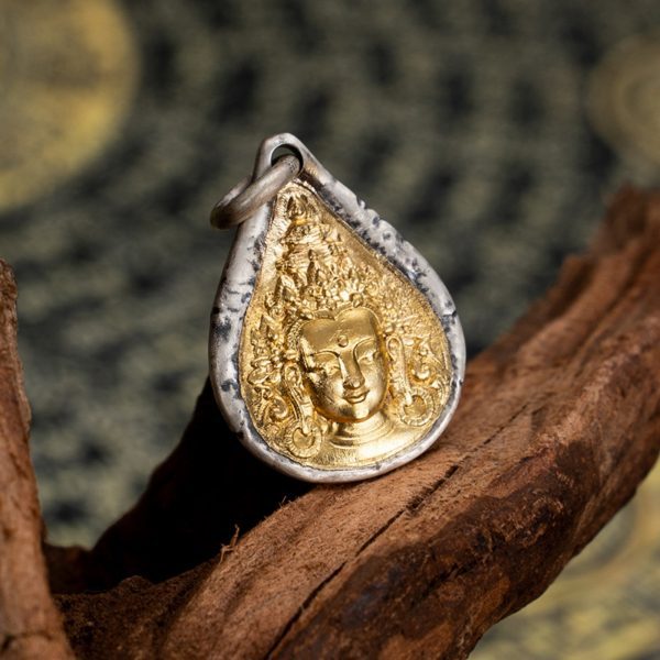 Tibetan Buddhist Green Tara's Tear Gold and Silver Pendant