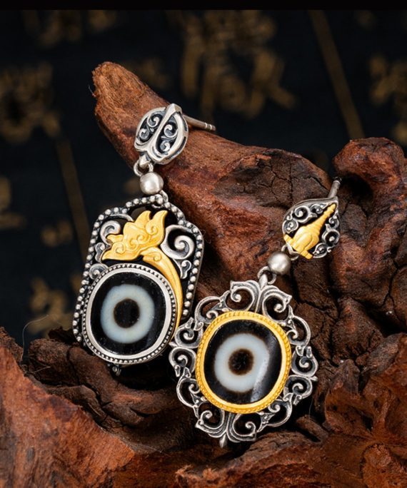 Tibetan Buddhist Lotus Stupa Dzi Bead Sterling Silver Earrings