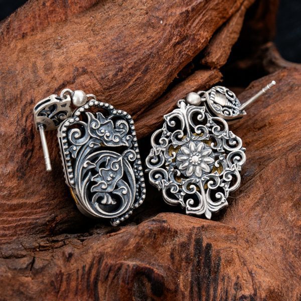 Tibetan Buddhist Lotus Stupa Dzi Bead Sterling Silver Earrings