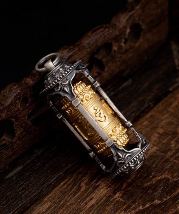 Tibetan Buddhist Six-Syllable Mantra Prayer Wheel Sterling Silver Pendant