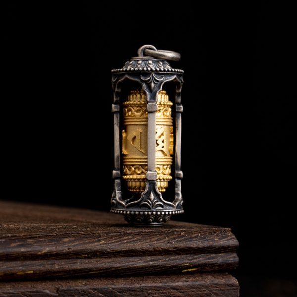 Tibetan Buddhist Six-Syllable Mantra Prayer Wheel Sterling Silver Pendant