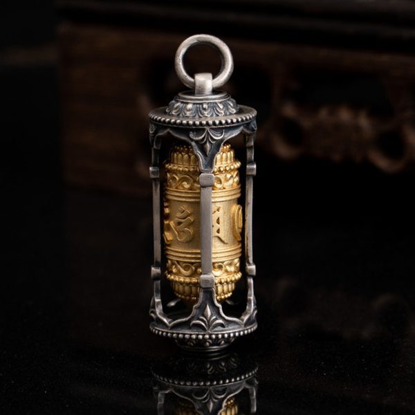 Tibetan Buddhist Six-Syllable Mantra Prayer Wheel Sterling Silver Pendant