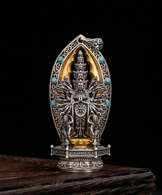 Tibetan Buddhist Thousand-Armed Avalokiteshvara Turquoise Sterling Silver Pendant