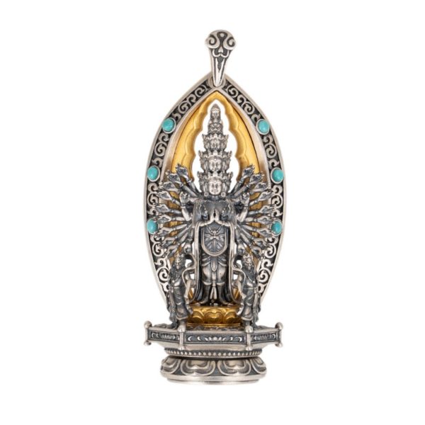 Tibetan Buddhist Thousand-Armed Avalokiteshvara Turquoise Sterling Silver Pendant