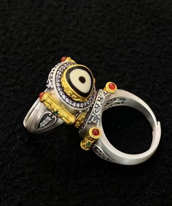 Tibetan Buddhist Vajra Dzi Crystal Silver Ring