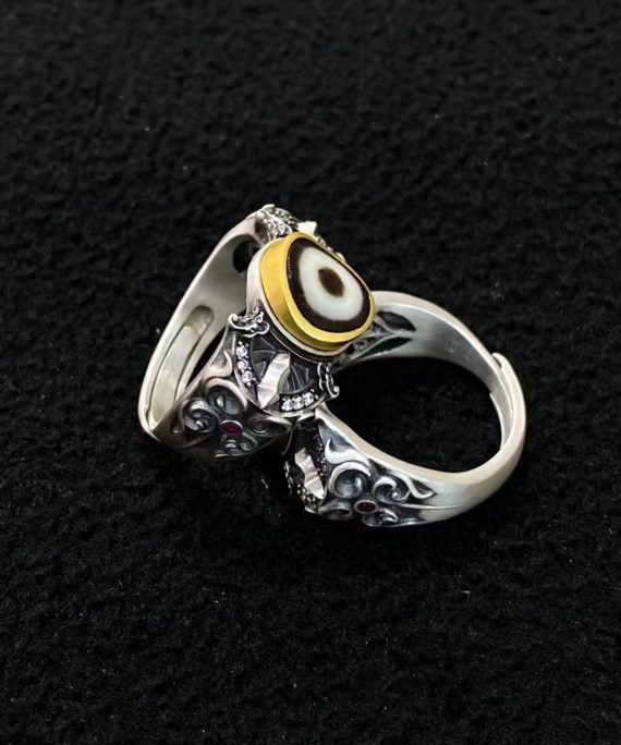 Tibetan Buddhist Vajra Dzi Silver Ring