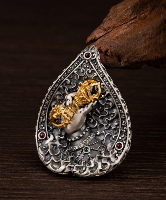 Tibetan Buddhist Vajra Hand Sterling Silver Gemstone Pendant