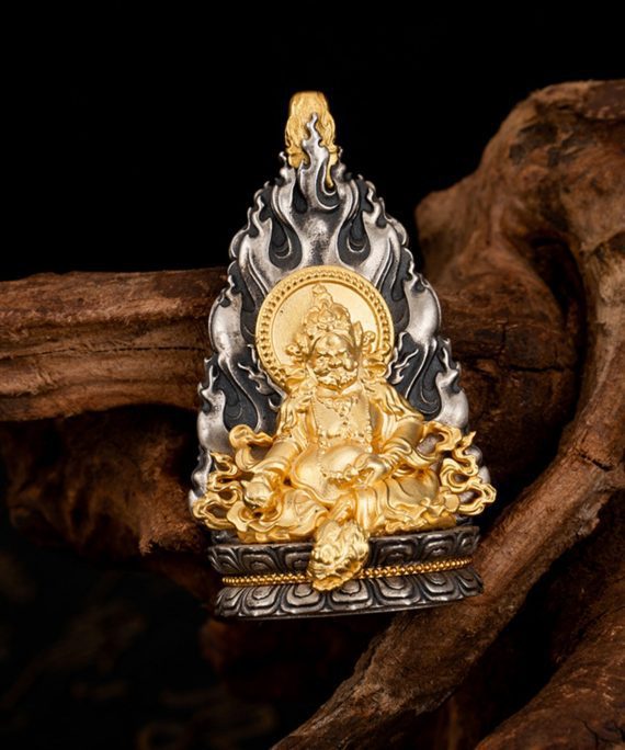 Tibetan Buddhist Yellow Jambhala Deity Sterling Silver Pendant