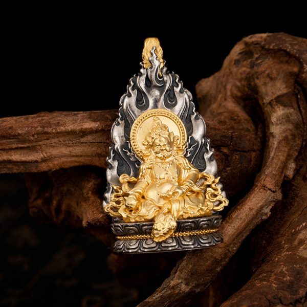 Tibetan Buddhist Yellow Jambhala Deity Sterling Silver Pendant