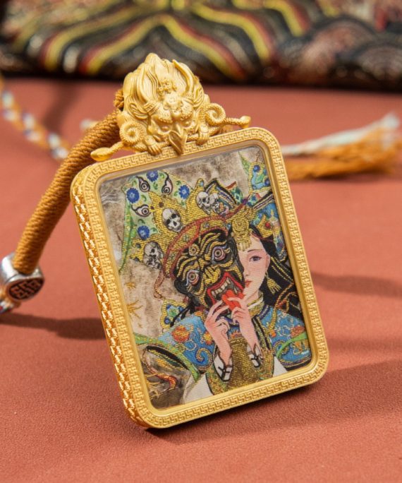 Tibetan Buddhist Zakiram Thangka with Garuda-Carved Gawu Box Necklace