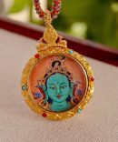 Tibetan Hand-Painted Green Tara & Mantra Dharma Wheel Thangka Necklace