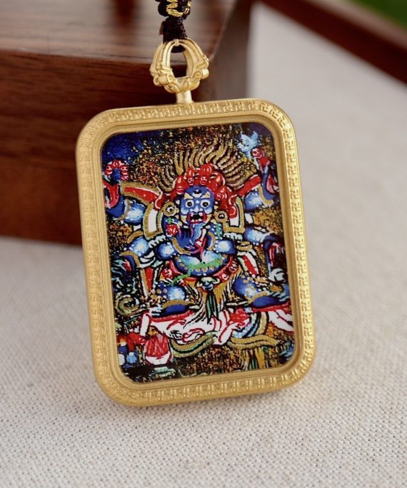 Tibetan Hand-Painted Mahakala Thangka Amulet Necklace