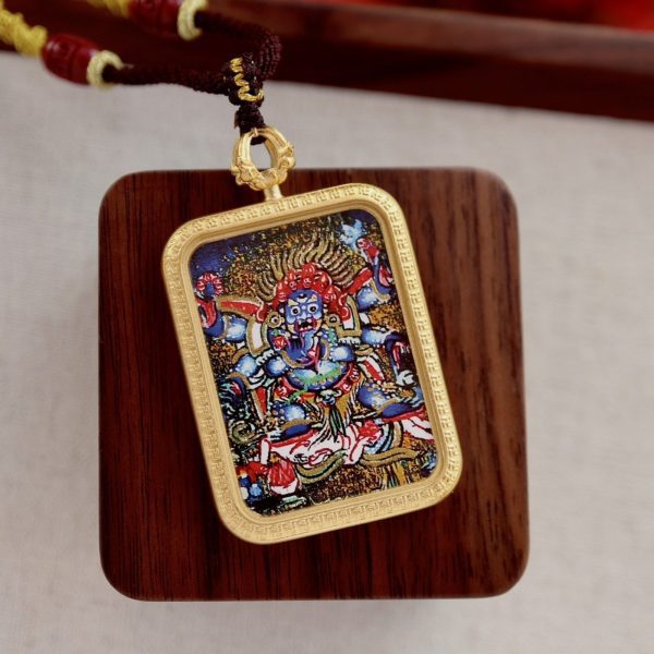 Tibetan Hand-Painted Mahakala Thangka Amulet Necklace