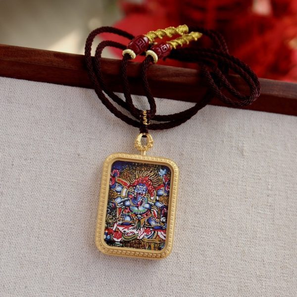 Tibetan Hand-Painted Mahakala Thangka Amulet Necklace