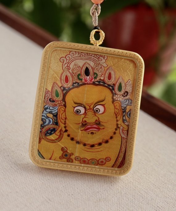 Tibetan Hand-Painted Yellow Jambhala Bodhi Leaf Thangka Necklace