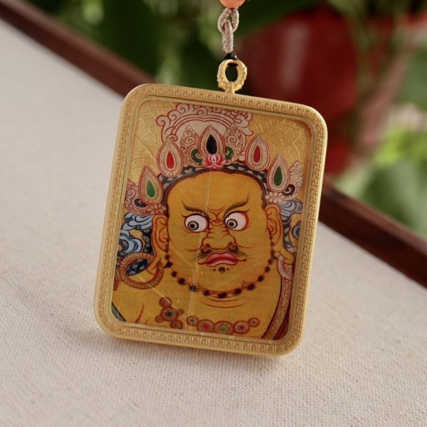 Tibetan Hand-Painted Yellow Jambhala Bodhi Leaf Thangka Necklace