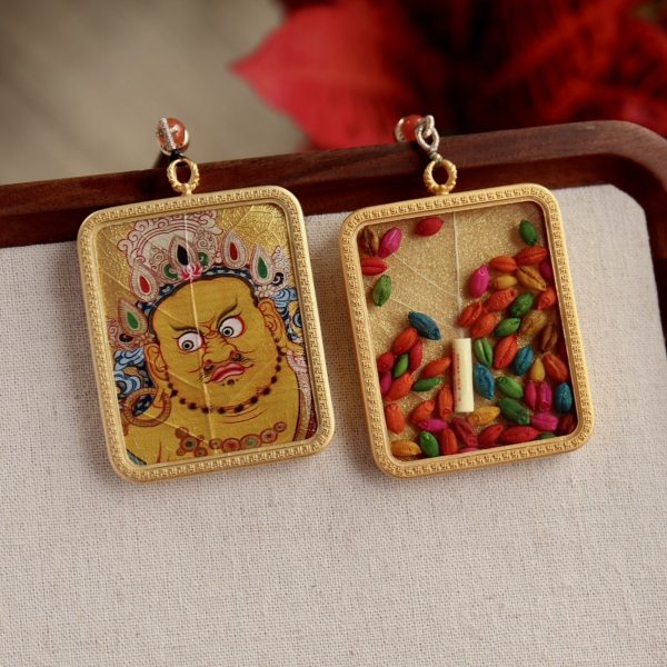 Tibetan Hand-Painted Yellow Jambhala Bodhi Leaf Thangka Necklace