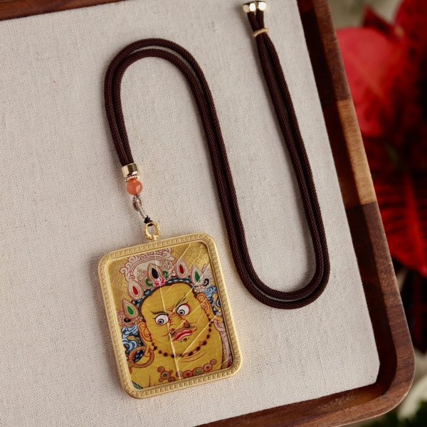 Tibetan Hand-Painted Yellow Jambhala Bodhi Leaf Thangka Necklace
