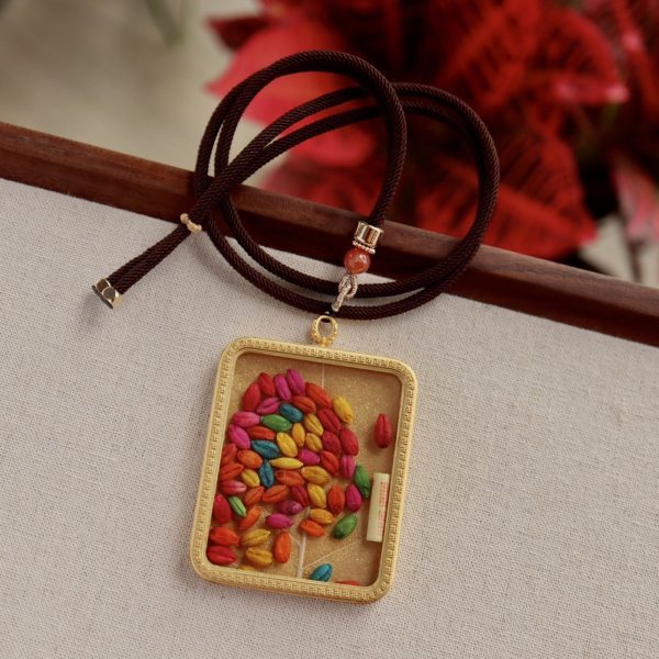 Tibetan Hand-Painted Yellow Jambhala Bodhi Leaf Thangka Necklace
