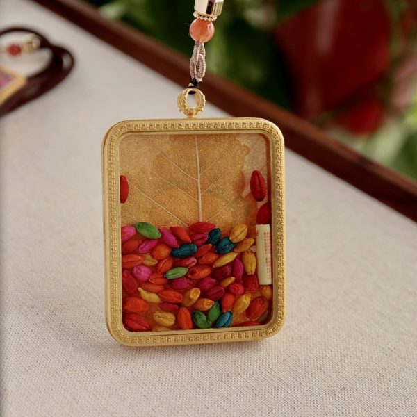 Tibetan Hand-Painted Yellow Jambhala Bodhi Leaf Thangka Necklace