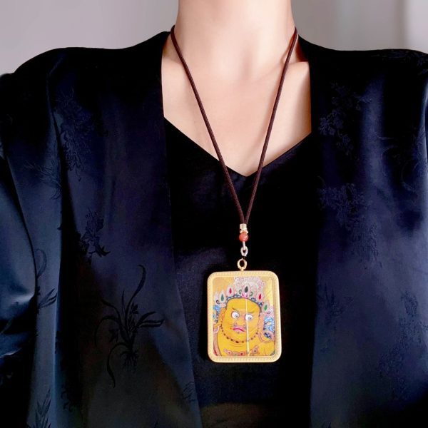 Tibetan Hand-Painted Yellow Jambhala Bodhi Leaf Thangka Necklace