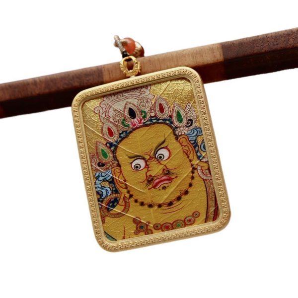 Tibetan Hand-Painted Yellow Jambhala Bodhi Leaf Thangka Necklace