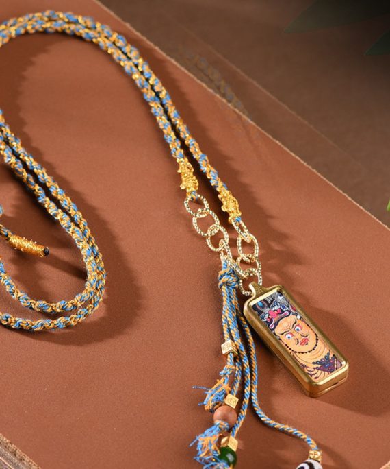 Tibetan Hand-Painted Yellow Wealth Deity Thangka Necklace