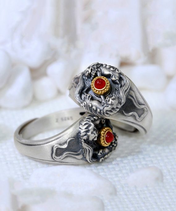 Tibetan Snow Lion Ruby Sterling Silver Ring