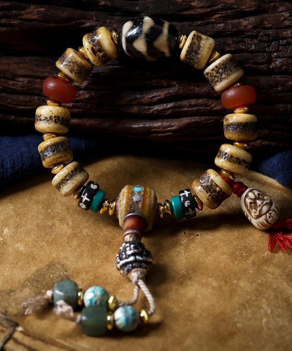 Tibetan Yak Bone Prayer Bead Carved Bracelet