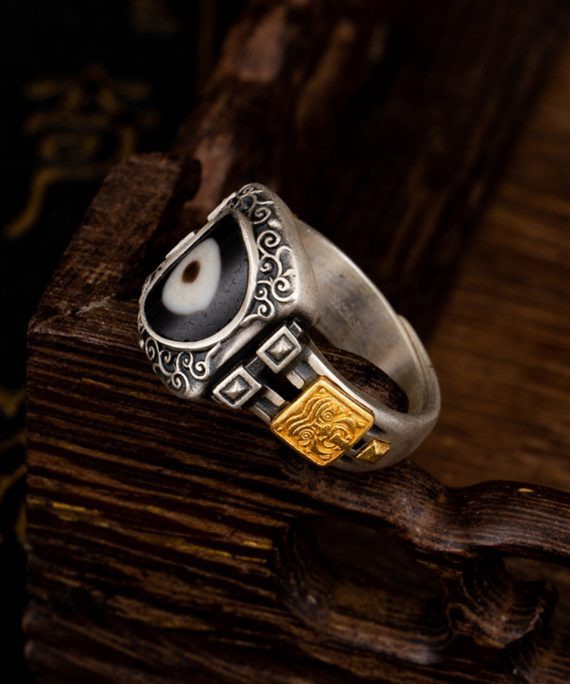 Zakiram Sterling Silver Dzi Beads Tibetan Buddhist Ring