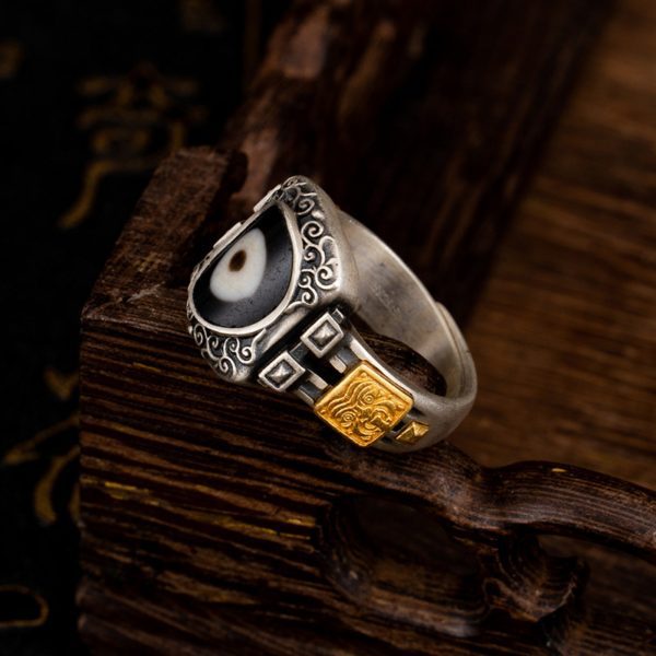 Zakiram Sterling Silver Dzi Beads Tibetan Buddhist Ring