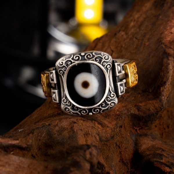 Zakiram Sterling Silver Dzi Beads Tibetan Buddhist Ring