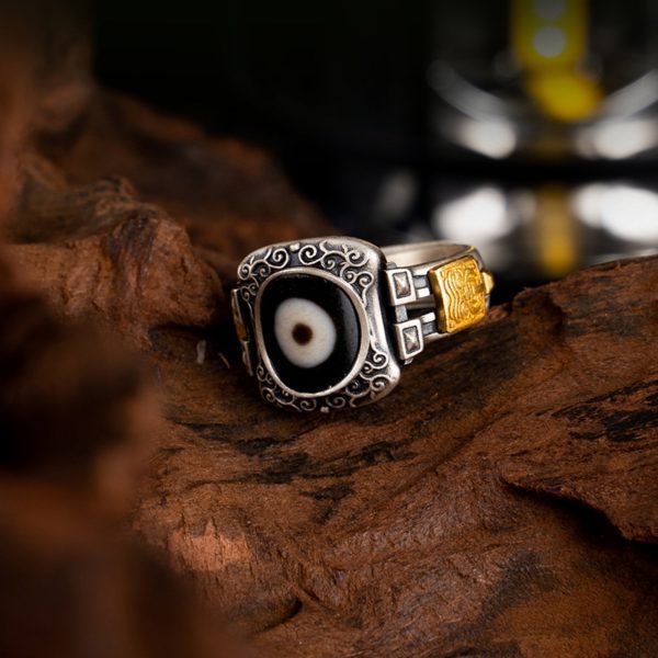 Zakiram Sterling Silver Dzi Beads Tibetan Buddhist Ring