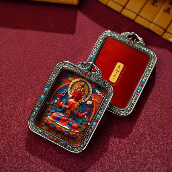 Mysterious gifts Hand-Painted White Copper Tibetan Buddhist Pendant Necklace with Cinnabar