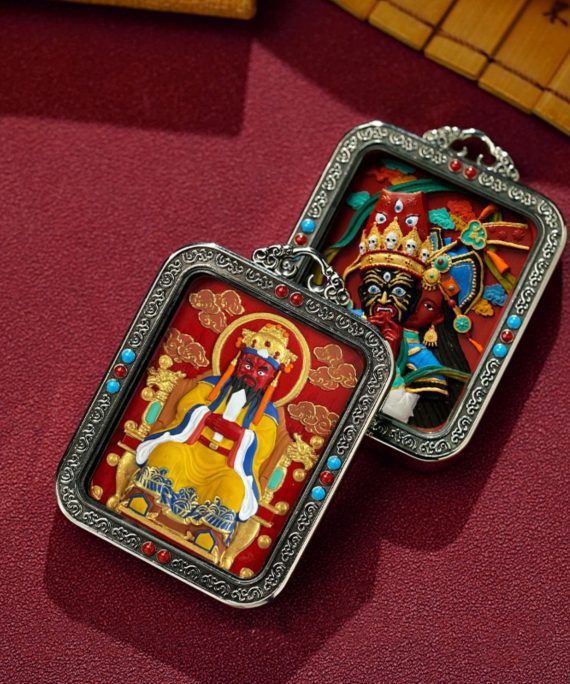 Mysterious gifts Hand-Painted White Copper Tibetan Buddhist Pendant Necklace with Cinnabar