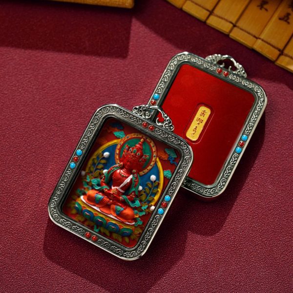 Mysterious gifts Hand-Painted White Copper Tibetan Buddhist Pendant Necklace with Cinnabar
