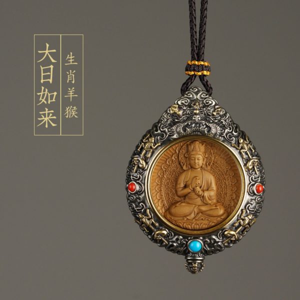 Mysterious gifts Hand-Carved White Brass and Tibetan Silver Buddha Pendant Necklace with Sandalwood