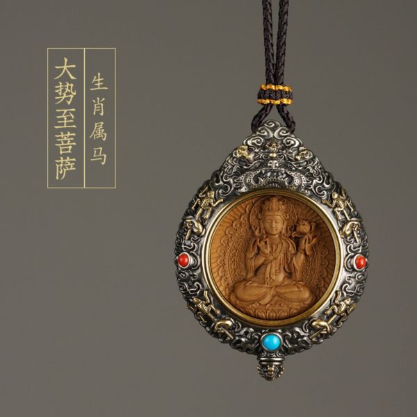 Mysterious gifts Hand-Carved White Brass and Tibetan Silver Buddha Pendant Necklace with Sandalwood