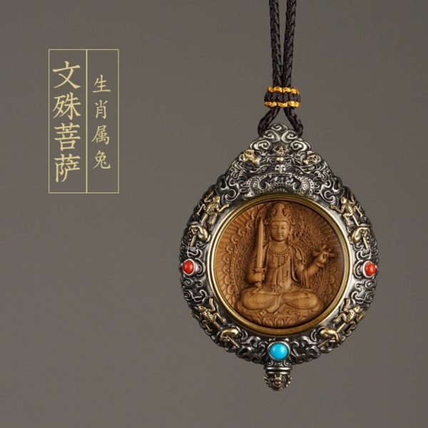 Mysterious gifts Hand-Carved White Brass and Tibetan Silver Buddha Pendant Necklace with Sandalwood