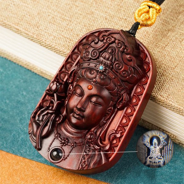 Mysterious gifts Hand-Carved Sandalwood Guanyin Buddha Pendant Necklace